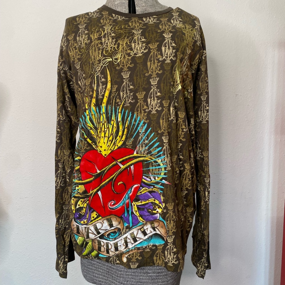 Christian Audigier/Ed Hardy brown & gold oversized top with heartbreaker design.